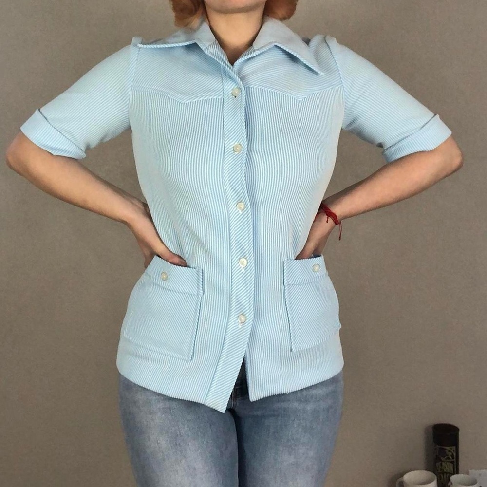 VINTAGE BABY BLUE AND WHITE STRIPED SHIRT